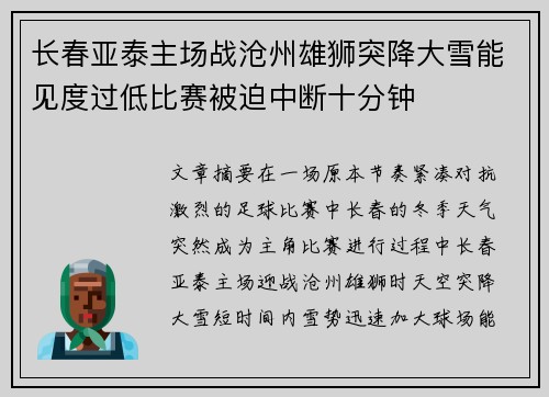 长春亚泰主场战沧州雄狮突降大雪能见度过低比赛被迫中断十分钟 长春亚泰主场战沧州雄狮突降大雪能见度过低比赛被迫中断十分钟