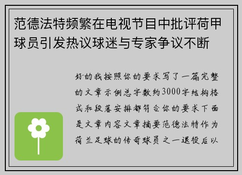 范德法特频繁在电视节目中批评荷甲球员引发热议球迷与专家争议不断